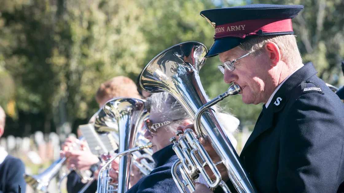 Pic by Adrian Miller 27-09-20 Foulon Cemetery. Remembrance service for H.M.S. Charybdis and H.M.S. Limbourne . Salvation Army Band. (28735053)