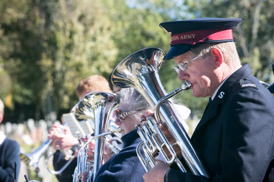 Pic by Adrian Miller 27-09-20 Foulon Cemetery. Remembrance service for H.M.S. Charybdis and H.M.S. Limbourne . Salvation Army Band. (28735053)