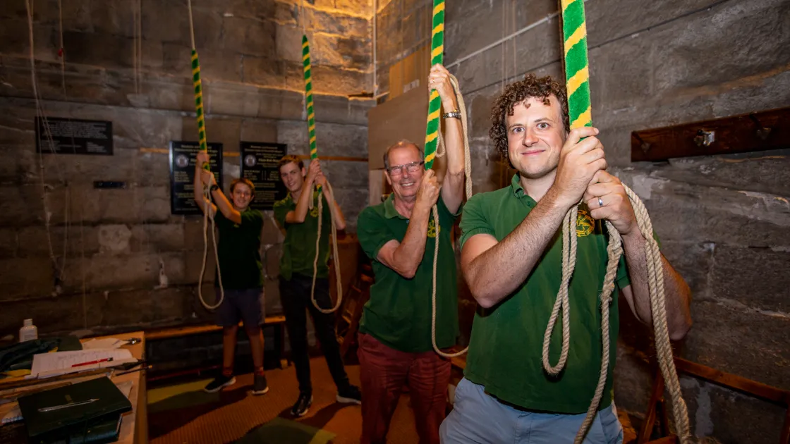 Bellringers at the Town Church, left to right, Ollie Blake, 14, Joseph Blake, 17, steeple keeper Paul Lawrence and tower captain Duncan Loweth. (Picture by Luke Le Prevost, 31273870)