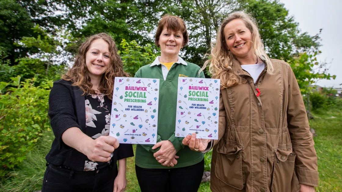 The launch of Bailiwick Social Prescribing, a new free scheme to help people improve their health and wellbeing with non-medical support. Pictured are representatives from three of the 50 charities that have signed up to the scheme. Left to right are Nikki Ioannou-Droushiotis from Guernsey Employment Trust, Angela Salmon from Guernsey Conservation Volunteers, and Helen Bonner-Morgan from Arts for Impact. (Picture by Sophie Rabey, 29697047)