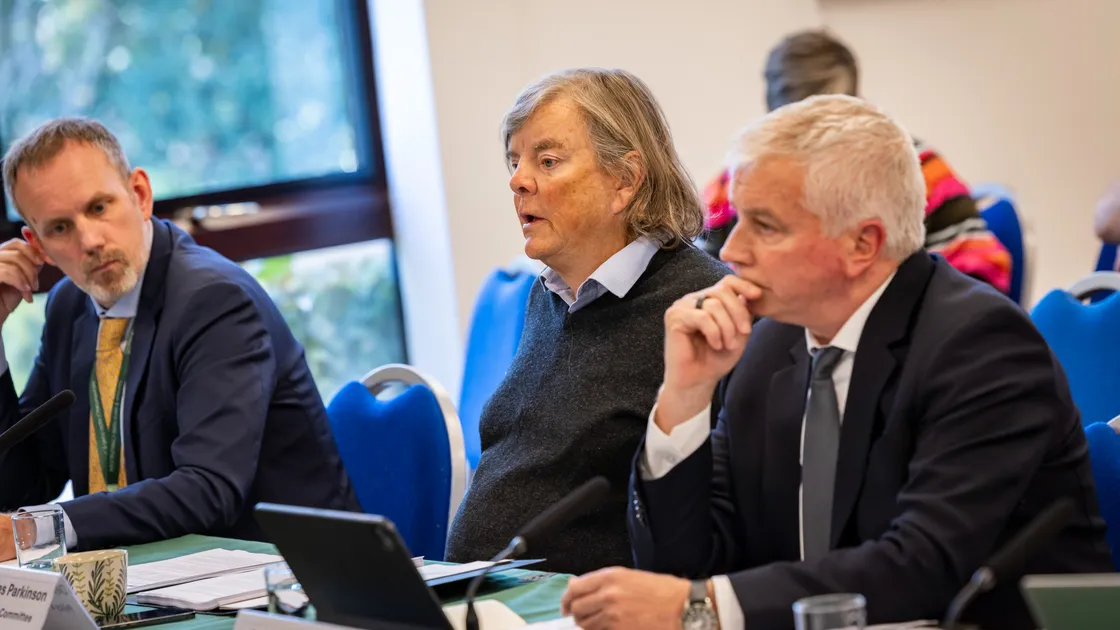 The Scrutiny Management Committee public hearing with Policy & Resources at the Castel Douzaine Room. Left to right, finance head Gareth Fooks alongside Deputies Charles Parkinson and Andrew Niles.