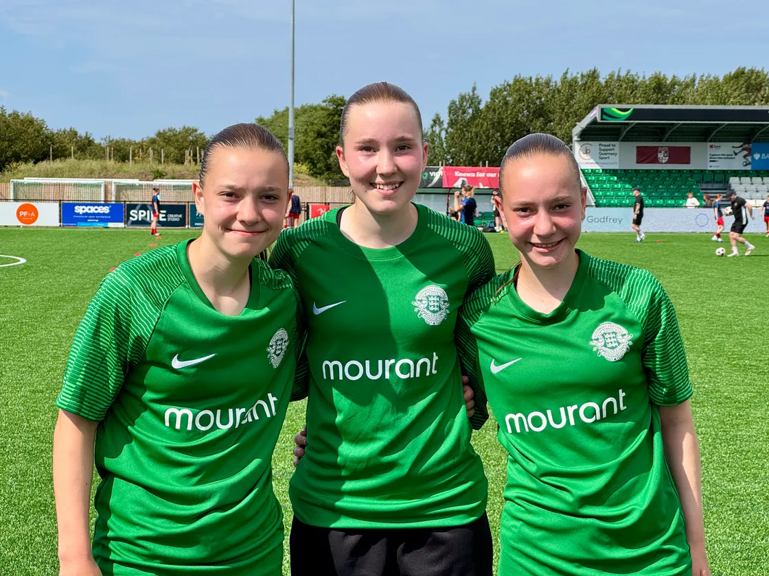 From left, triplets Millie, Hollie and Emelie Jeffreys made encouraging debuts for Guernsey at the weekend. Millie and Emilie both scored against the Isle of Wight.
