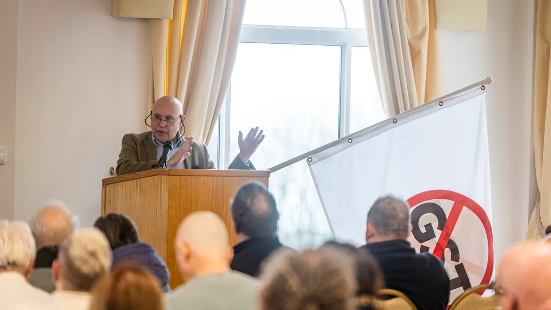 Carl Meerveld speaks at Sunday's public meeting against the introduction of a goods and services tax