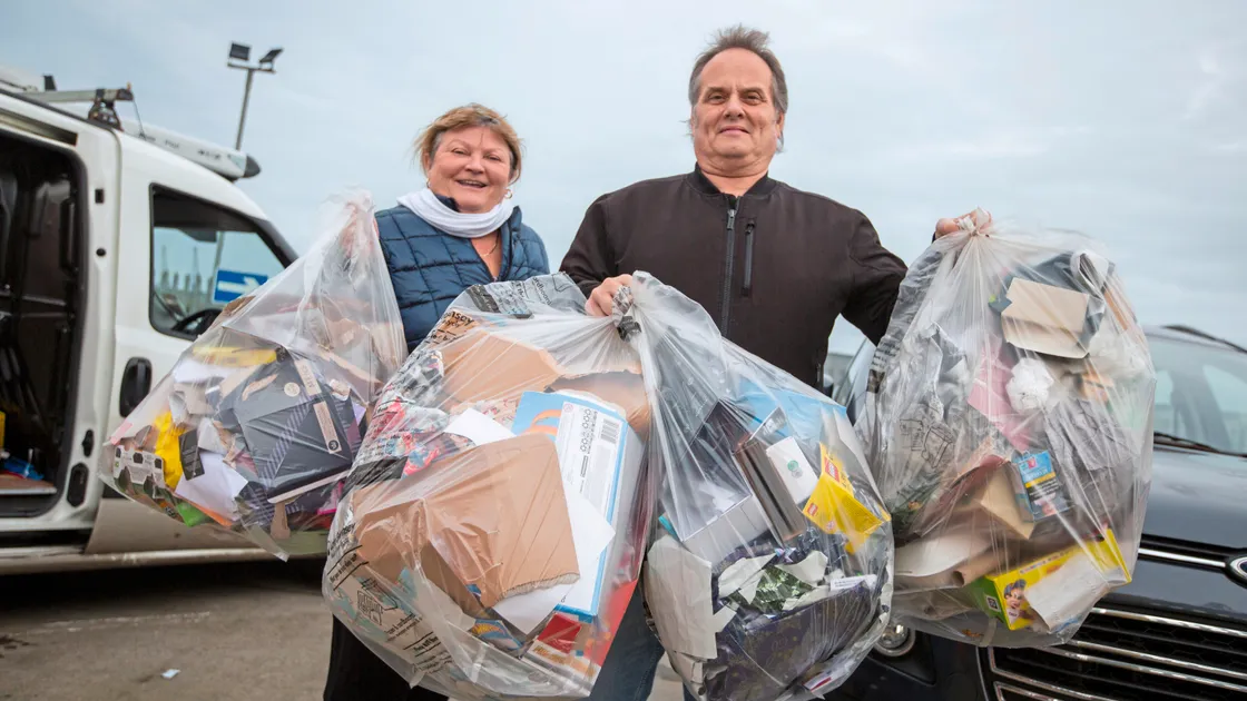 Bridgette Desperques and Christopher Wilson at Longue Hougue with their refuse. (Picture by Luke Le Prevost, 32836224)