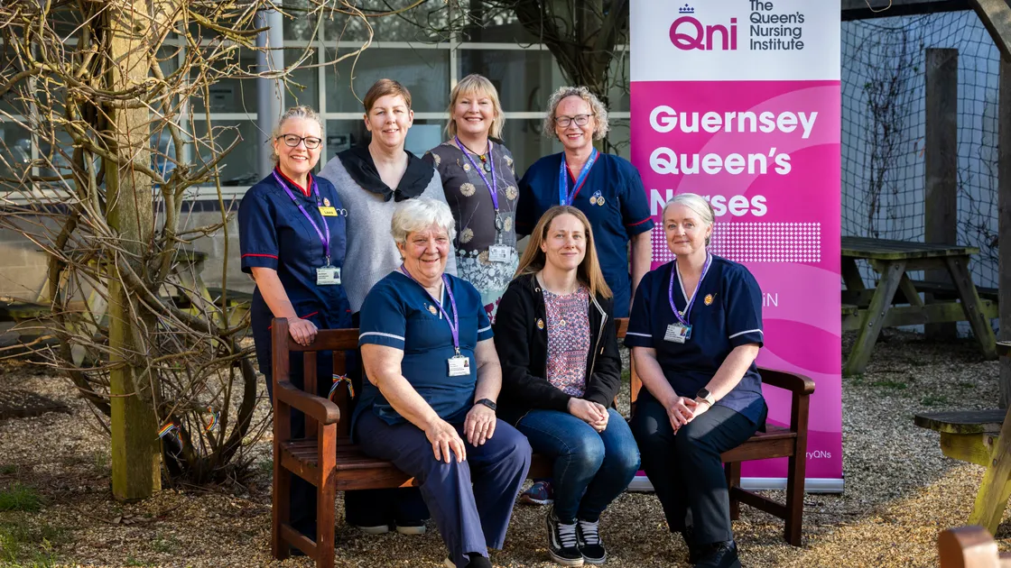 Some of Guernsey’s Queen’s Nurses photographed last year. Back, left to right: Laura Brouard, Alex Hawkins-Drew, Kate Corcoran and Patricia McDermott. Front: Ellie Phillips, Kirsty Gallienne and Meg Lowe. Inset: the new Queen’s Nurse clematis