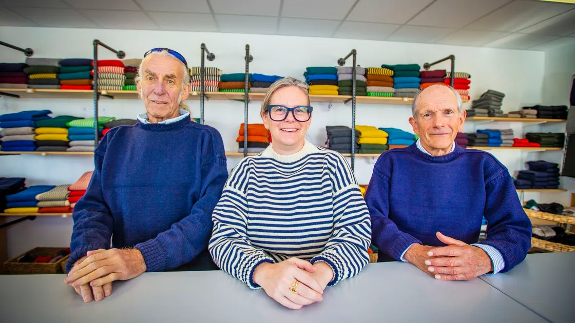 Left to right: Le Tricoteur general manager Neil Sexton, new owner Rachael Laine and founder Robert Macdougall. (Picture by Sophie Rabey, 30111458)
