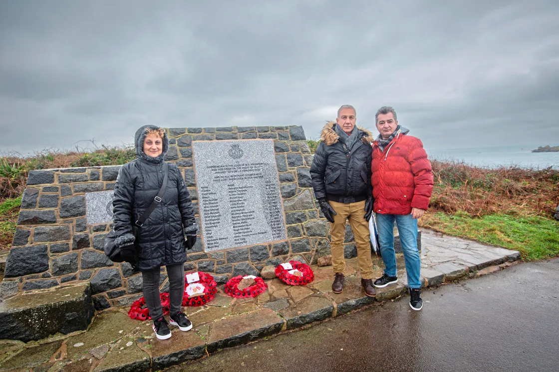  Evangelos Giagkoudakis, centre, is visiting from Greece. His father was one of the 18 lost when the Prosperity foundered. With him are friends Maria Samara and Evangelos Gkikas. (32887953)