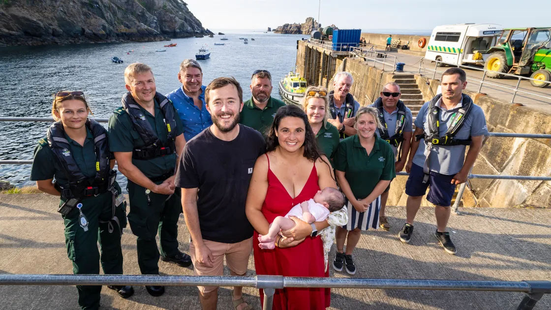 Left to right: Emergency care assistant Lucy Hockey, paramedic Jim Cathcart, Sark doctor Bruce Jenkins, Jake Magell, Sark lead community first responder Glenn Williams, Kyla Magell with baby Harriet, Sark community first responder Kyiya Gillingham, Flying Christine skipper Andy Lowe, Sark practice nurse Hollie Davies and Flying Christine crew members John Dowinton and James Roussel.