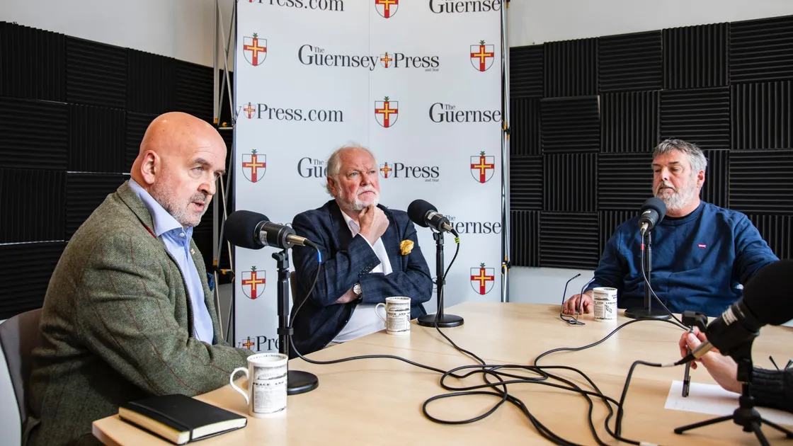 Guernsey Press Politics Podcast guests Deputy Jonathan Le Tocq, Lord Digby Jones and Deputy Peter Roffey. (Picture by Sophie Rabey, 33120762)