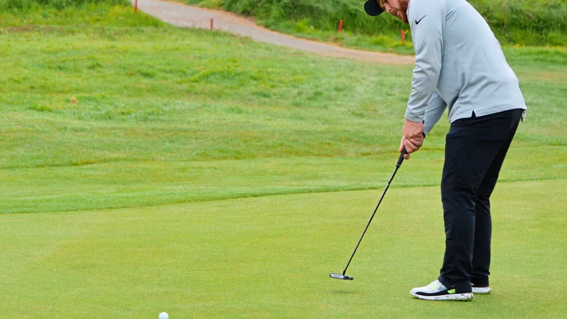 Piccadilly Trophy winner Tom Le Huray putts on the ninth green during his level-par morning round of 70. (Pictures by Gareth Le Prevost, 21436368)