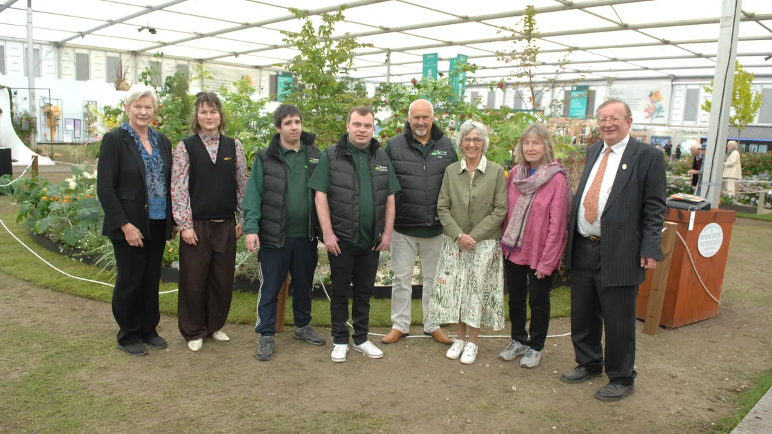 Left to right, Grow patron Julia Hands of Hand Picked Hotels, Burncoose garden designer Eve Swanson, Grow crew Alex Houchard and Alex Adamson, Grow horticulture manager Stuart Smale, Grow director Marguerite Talmage, Burncoose garden designer Louiosa Lazarowicz, and Charles Williams, owner of Burncooose Nurseries.
