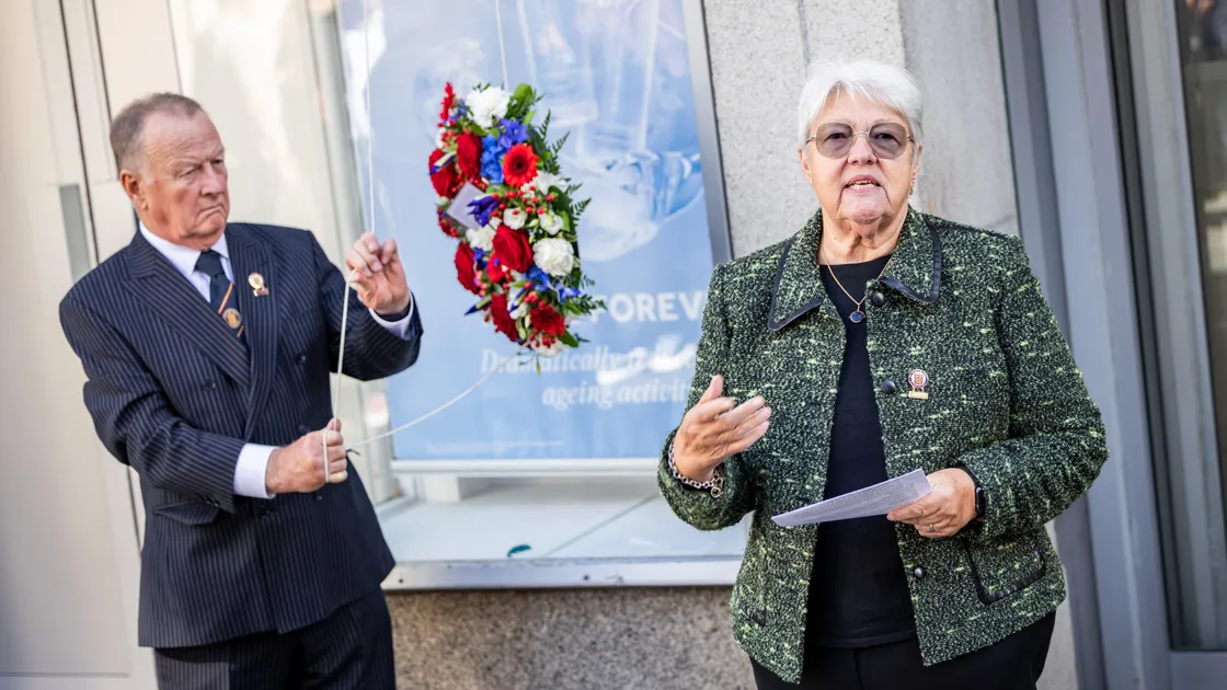 The memorial service for Sir Isaac Brock outside Boots in the High Street. St Peter Port senior constable Diane Mitchell gave a speech, and dean of the parish, Barry Cash, raised the wreath.  (Picture by Sophie Rabey, 34978395)