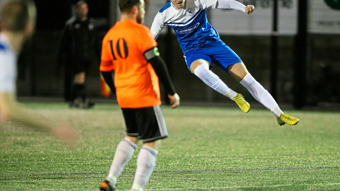One of Rovers' two hat-trick heroes Will Fazakerley tries a shot against Manzur last night at the KGV.  (Picture by Steve Sarre, 23687641)