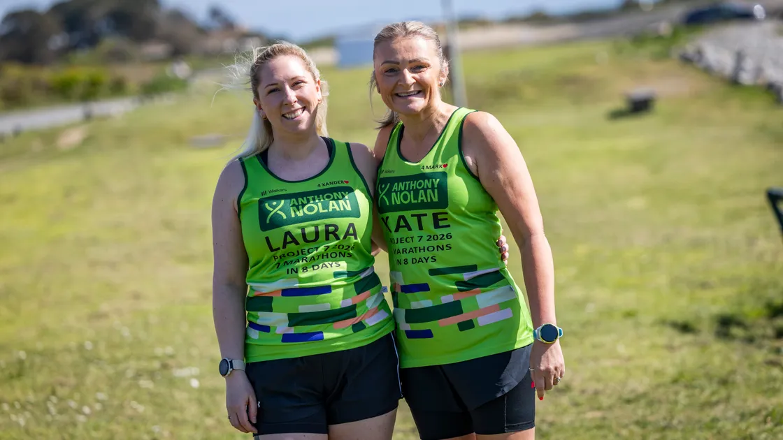 Guernseywoman Kate Walford, right, with her friend Laura Coleman-Day from Lincoln. The pair had planned to run seven marathons from Sunday to Sunday, finishing in London. Mrs Coleman-Day had to stop running after five marathons due to injury, but Mrs Walford completed all seven. They were raising money for Anthony Nolan, the charity through which they both met.  (Picture by Sophie Rabey, 34726307)