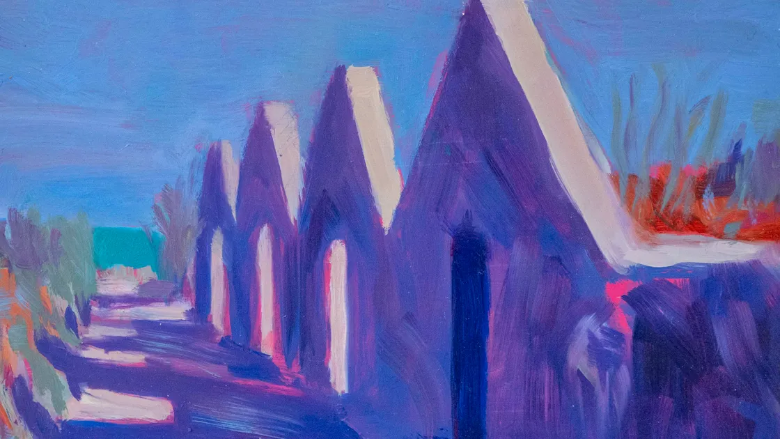  Fiona Richmond's painting of the granite ends of long-gone greenhouses at Les Croutes, Vale.