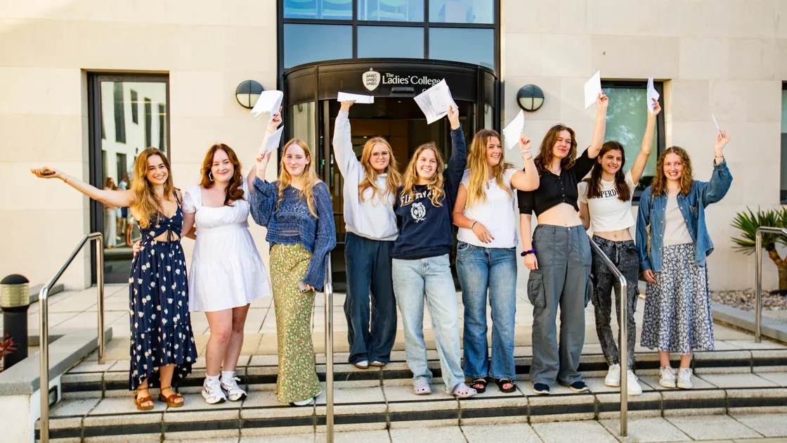Ladies College’ students celebrating their results yesterday. Results were up on those seen in the last year before the pandemic, with more than one in three students getting at least one A* or A grade. (Picture by Sophie Rabey, 32432192)