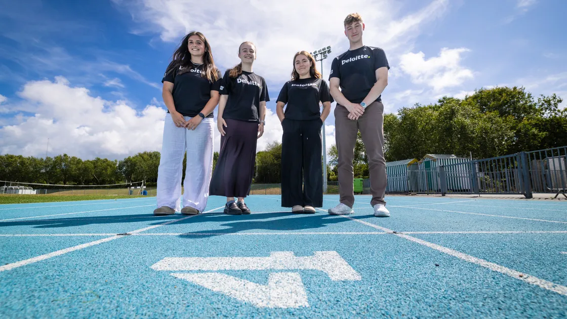 Deloitte staff are taking part in a 24-hour walk and run around the track at Footes Lane to raise money for huts at Le Murier School, known as The Village. Left to right, Marni De Freitas Alves, Laura Veillard, Laura Fell and Tom Chapman. (Picture by Peter Frankland, 34820563)