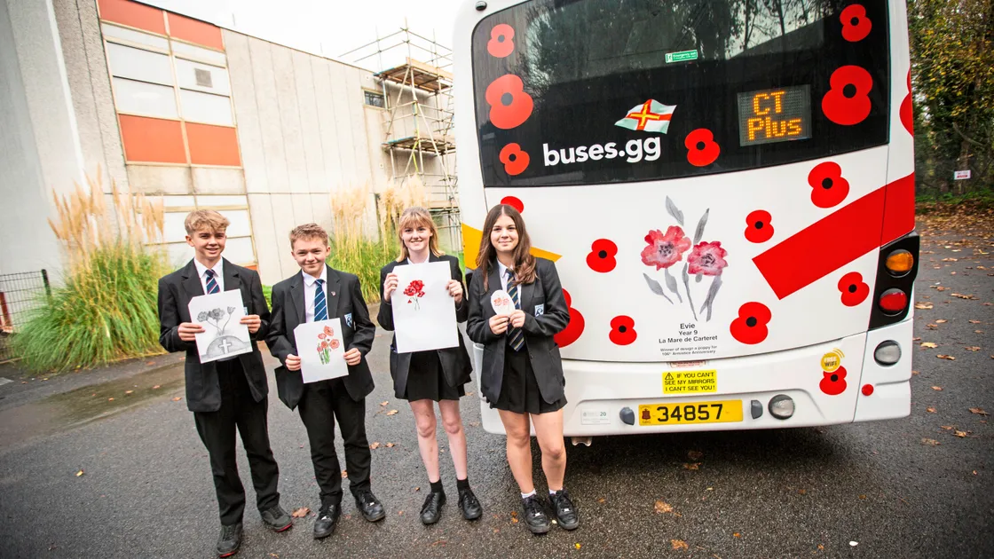 Successful Mare De Carteret students who entered CT Plus’ ‘design a poppy’ competition to create artwork for the back of a bus. From left, second-placed Isaiah Grant, Lucas Robins, who earned a special mention, third-placed Sophie McCreight and winner Evie Langlois. (Picture by Sophie Rabey, 33772772)