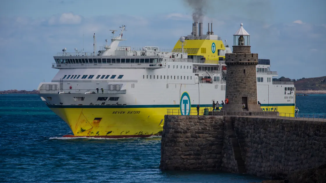 DFDS ship Seven Sisters carrying out berthing trials in St Peter Port harbour last month. (Picture by Peter Frankland, 33802223)
