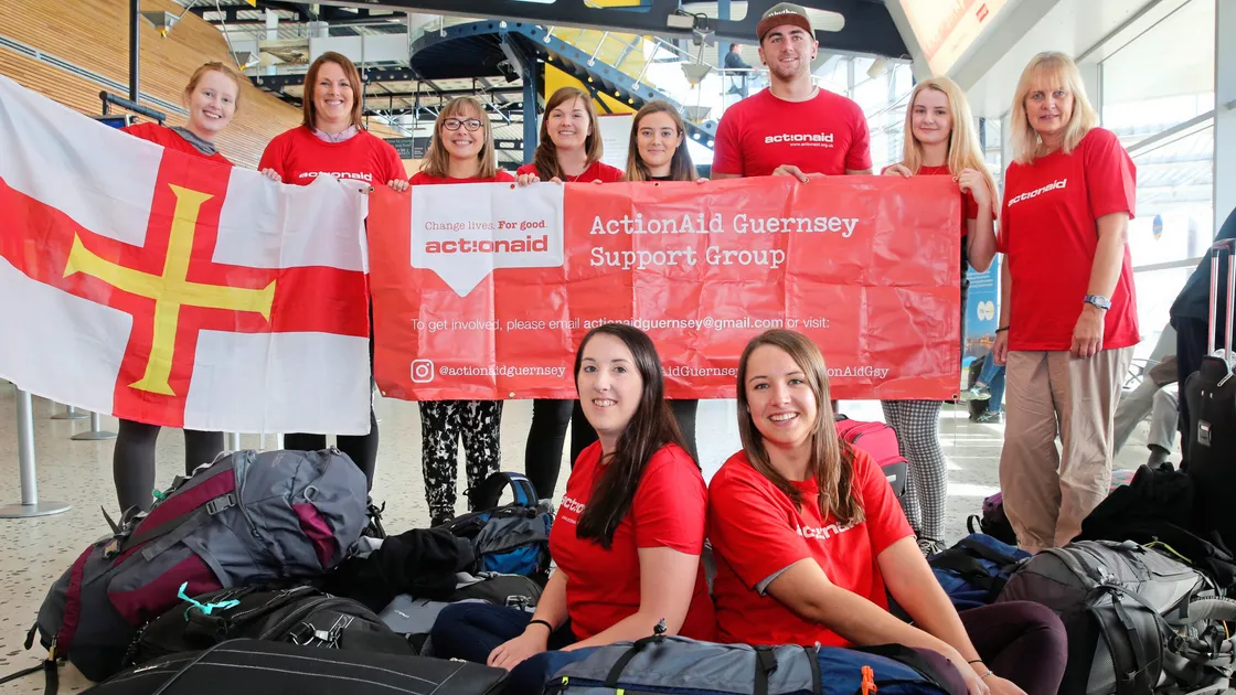 Most of the ActionAid Guernsey volunteers flew out together. In front are chairman Natalie Tucker, left,  and Lily Prus. Behind, left to right, are Abi Darling, Beverley Falla, Ellie Luce, Megan Airley, Shannon Jordan, Brad Webb, Morgan Dray and Linda Monaghan. They are part of a group of 26 volunteers rebuilding an earthquake-damaged school, inset.                          (Picture by Adrian Miller, 19696957)