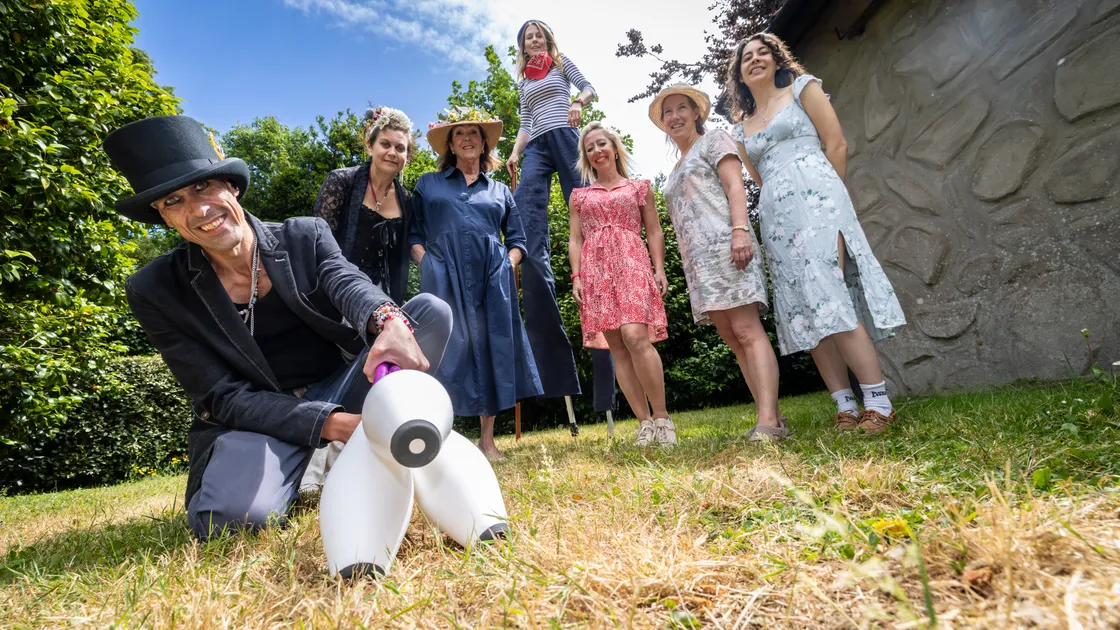 All set for Le Viaer Marchi, left to right, juggler JP Duquemin, Rebecca Duquemin, Sara Lampitt, Jemma Field, Jacquie Mancini and Elainer Laine. Behind them is stilt walker Ela Ostrowska.