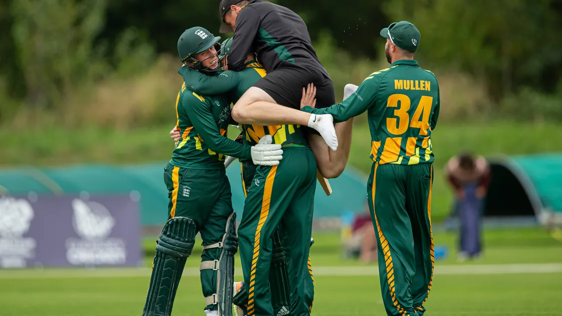 The Guernsey men's team celebrate winning the final against Denmark at the island's own T20 World Cup Sub-Regional Europe Qualifier C hosting in summer 2024.