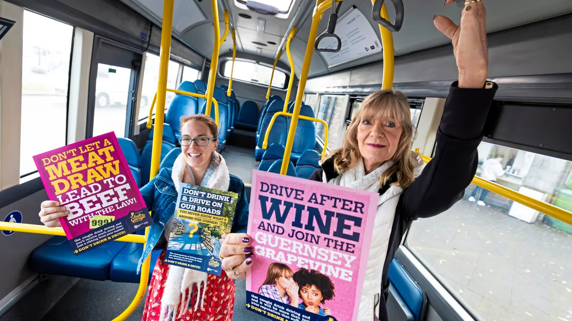 The substance use team at the Health Improvement Commission, Lucy Cave, left, and Andrea Nightingale, launch the 2025 Christmas drink-drive campaign on the buses yesterday