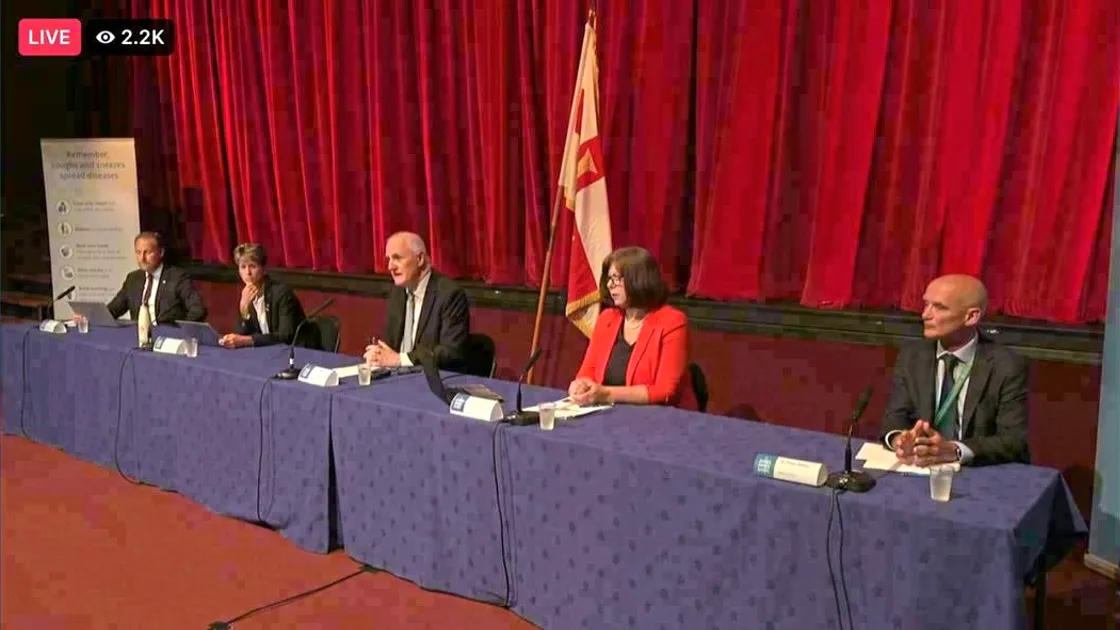 Covid-19 press conference panel. Left to right: States chief executive Paul Whitfield, Vice-President of Policy & Resources Deputy Heidi Soulsby, CCA chairman Deputy Peter Ferbrache, director of Public Health Dr Nicola Brink and medical director Dr Peter Rabey. (29696464)
