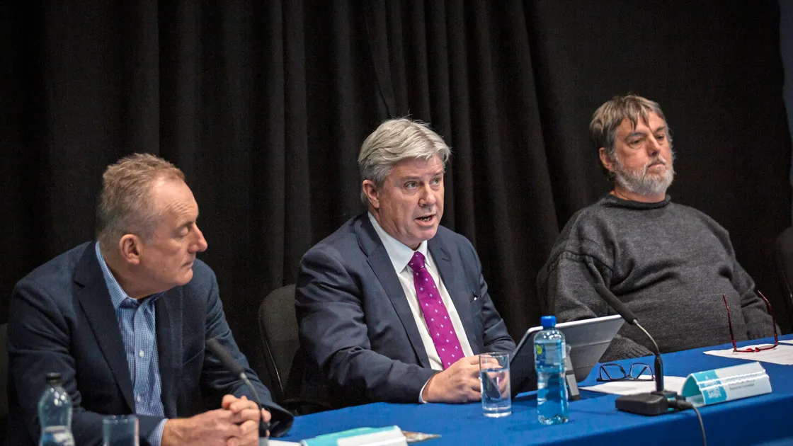 Pictured at yesterday’s evening’s Tax Review briefing at Candie Museum are, left to right, Chartered Accountant & Chartered Director Mark Thompson, Treasury Lead for Policy & Resources Deputy Mark Helyar, and President of Employment & Social Security Deputy Peter Roffey. (Picture by Sophie Rabey, 30487559)
