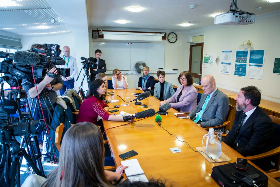 12-03-20.  A Press Conference regarding new changes and plans for dealing with Coronavirus. Suggested advice on unnecessary travel on and off island and also self isolation if experiencing any flu-like symptoms.  Conference panel L-R Health & Social Care president Heidi Soulsby, Director of Public Health Dr Nicola Brink, Deputy Gavin St Pier and States chief operating officer Jason Moriarty. (29194731)