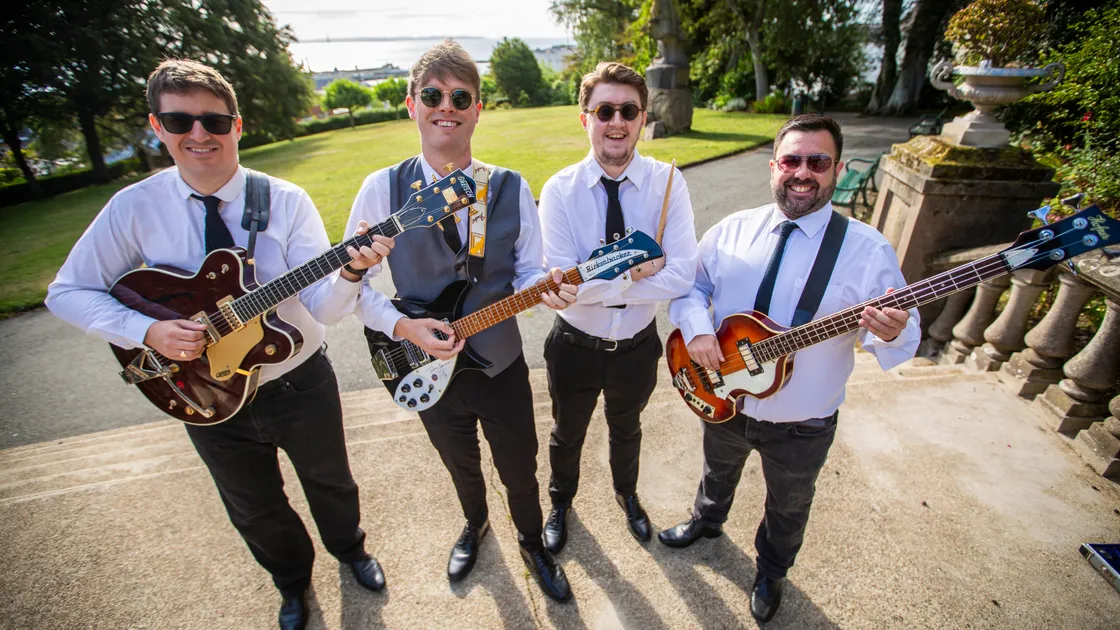 Left to right, Matt Nichols, Nathanial Eker-Male, Ewan Nicolle and Scott Guilbert are performing songs by The Beatles today at Candie Gardens to mark 60 years to the day the Fab Four played in Guernsey. (Picture by Sophie Rabey, 32395273)
