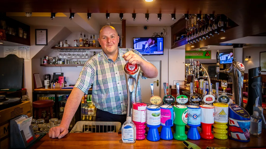 Picture by Sophie Rabey.  24-03-21.  Harry Le Poidevin from The Mariners Inn, happy to be in Phase 3 of Covid-19 lockdown, resuming pub business as usual.. (29369117)