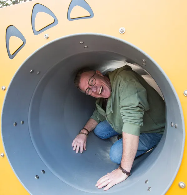 Creative visualiser Steve De La Mare has been involved in designing some terrifying theme park rides. His most recent designs were used in one which opened at Chessington last week. Here he is checking out the closest thing to a theme park Guernsey has to offer – the play area at Sausmarez Park. (Picture by Adrian Miller, 29443681)