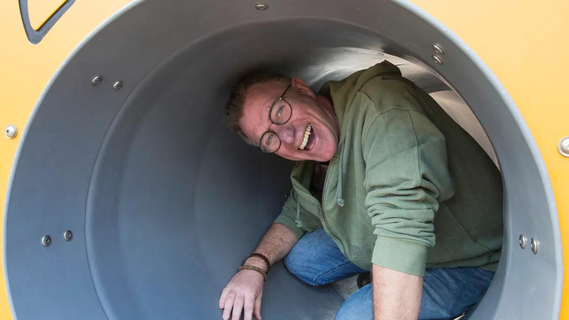 Creative visualiser Steve De La Mare has been involved in designing some terrifying theme park rides. His most recent designs were used in one which opened at Chessington last week. Here he is checking out the closest thing to a theme park Guernsey has to offer – the play area at Sausmarez Park. (Picture by Adrian Miller, 29443681)