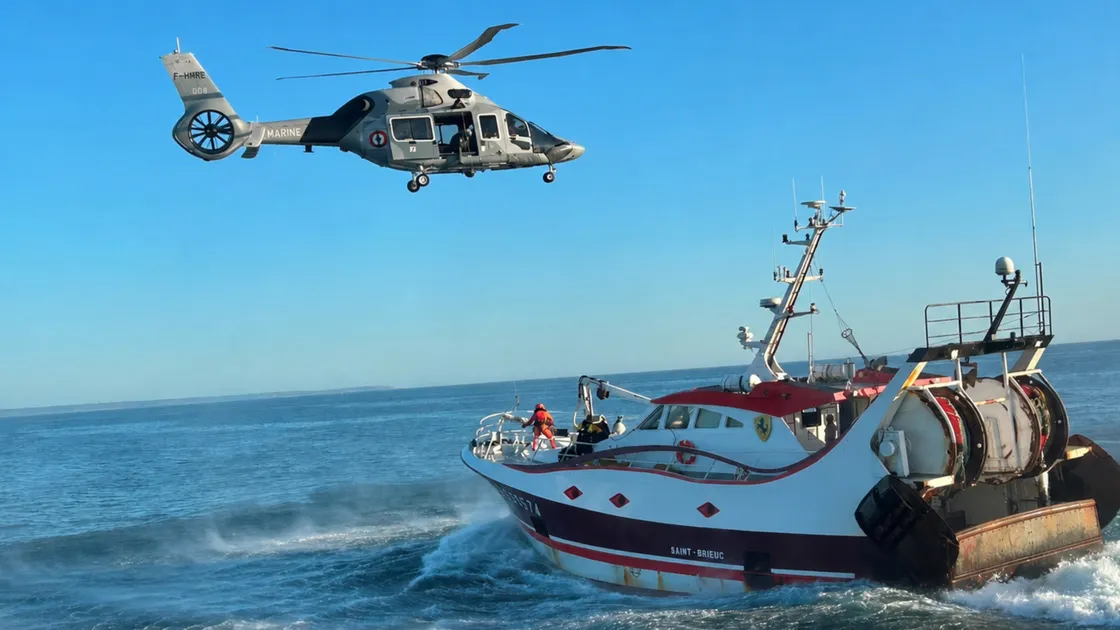 A French rescue helicopter coming to the aid of the fishing vessel, about 14 miles off the west coast on Monday.