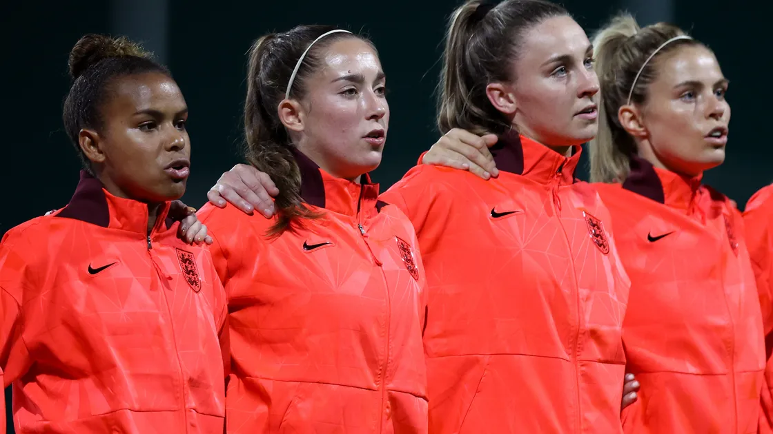 Left to right: England's Nikita Parris, Maya Le Tissier, Niamh Charles and Rachel Daly stand for the national anthem prior to the international friendly between England and Norway at Pinatar Arena in Murcia, Spain. (Picture by Naomi Baker, The FA via Getty Images, 31478073)