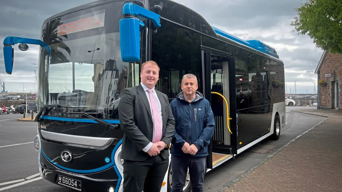 Harris Group sales manager Niall Roberts, left, and CT Plus director Kevin Hart in front of the Higer Steed XL. (Picture by Lucy Rouget, 33172500)