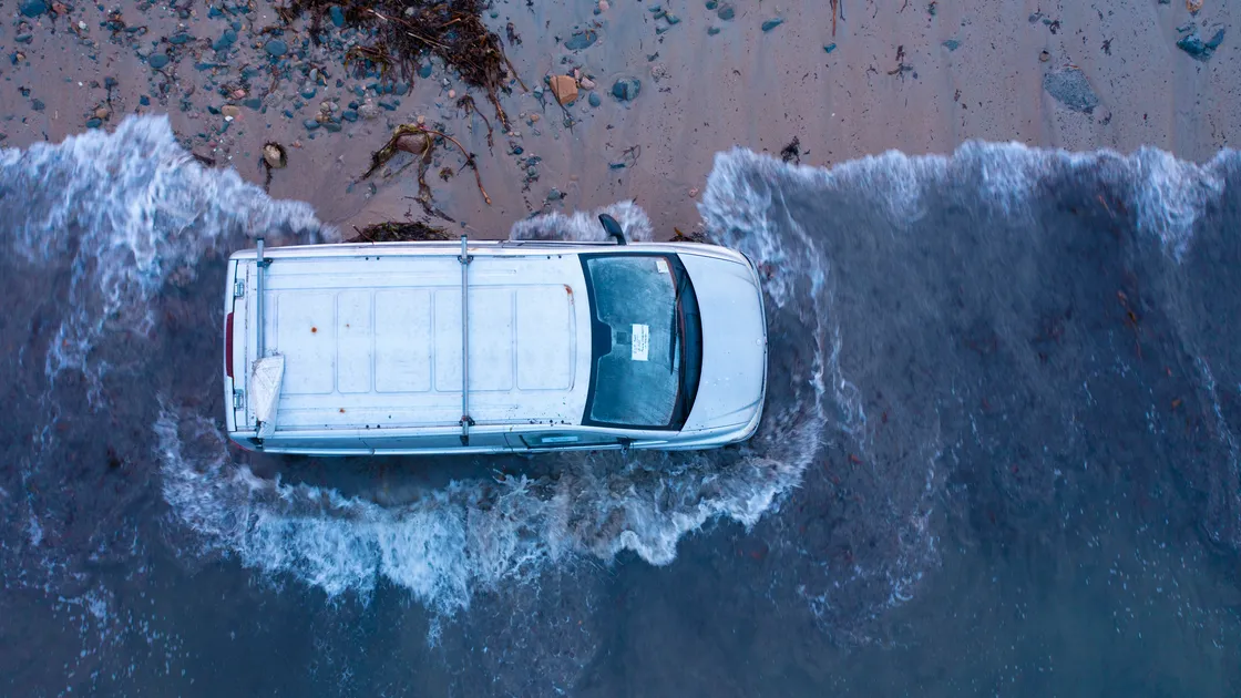 The van was abandoned on the beach at Le Picquerel – opposite the Puffin and Oyster (former Houmet Tavern) – at the weekend. (Picture by Peter Frankland, 31592452)