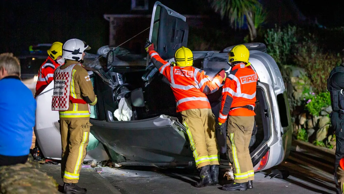 People living in Les Petites Capelles kept the crashed vehicle on its side until the Fire & Rescue Service arrived and cut an injured woman from the wreckage. (Picture by Sophie Rabey, 28963972)