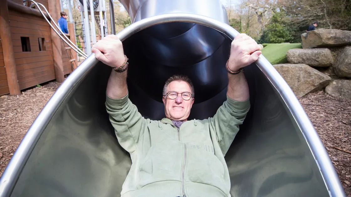 Creative visualiser Steve De La Mare has been involved in designing some terrifying theme park rides. His most recent designs were used in one which opened at Chessington last week. Here he is checking out the closest thing to a theme park Guernsey has to offer – the play area at Sausmarez Park. (Picture by Adrian Miller, 29443678)