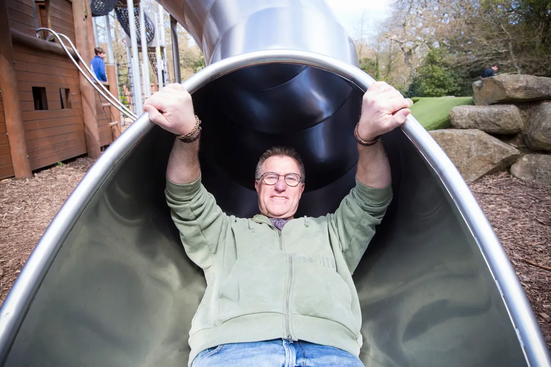 Creative visualiser Steve De La Mare has been involved in designing some terrifying theme park rides. His most recent designs were used in one which opened at Chessington last week. Here he is checking out the closest thing to a theme park Guernsey has to offer – the play area at Sausmarez Park. (Picture by Adrian Miller, 29443678)