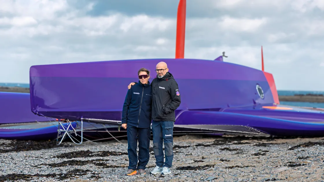 Skippers of the boat Audrey Ogereau and Erwan Leroux with their yacht, which washed up at L’Eree