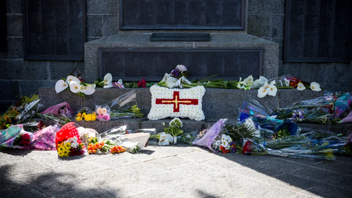 The replacement wreath laid by the new Bailiff Mr Richard McMahon after the original was removed and vandalised. (28258198)