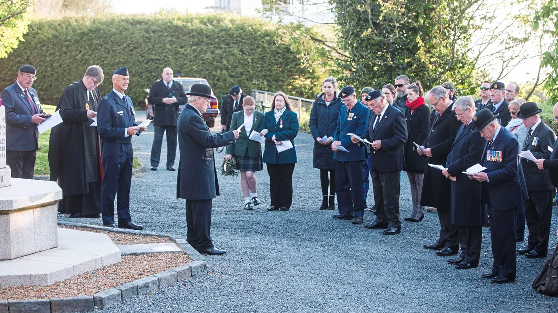 The Anzac Day service held yesterday at the Fort George Military Cemetery. St Peter Port Constable Dennis Le Moignan is pictured reading a poem. (Picture by Adrian Miller, 24498207)
