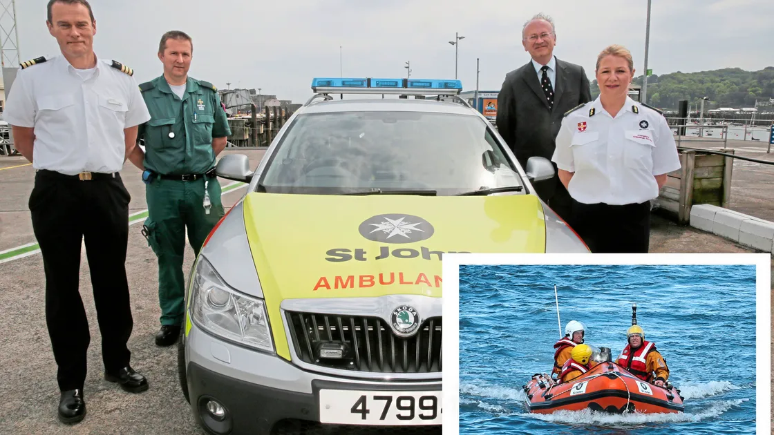 Pic by Adrian Miller 16-05-18       .St Peter Port Harbour.The Board and Commandery of St John have ceased the Inshore Rescue Boat..L>R Jerome Davis head of port operations, Jim Cathcart emergency care assistant, Andrew Henton Knight Commander for St John and chief officer Ali Marquis.. (21474540)