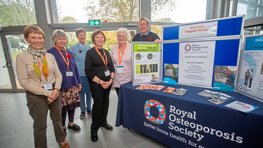 The Guernsey Osteoporosis Support Group with a stand in Beau Sejour reception area. Left to right, treasurer Annie Fisher, committee member Anita Carey, Wendy Ranger, who was visiting the stand to find out more, group chairwoman Linda Elliott, and committee members Sharon Harvey and Peter Carey. (Picture by Connor Rabey, 33768191)