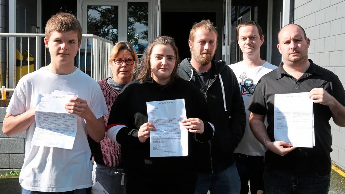 Staff who were made redundant after the sudden closure of the MFA Bowl with their redundancy latters after being made to wait outside the back door. Left to right: Jack Vaudin, Susan Ogier, Abbie Le Brun, Mathew Le Maitre, Paul Hurel and Ayrton Hockaday.(Picture by Adrian Miller, 19213191)