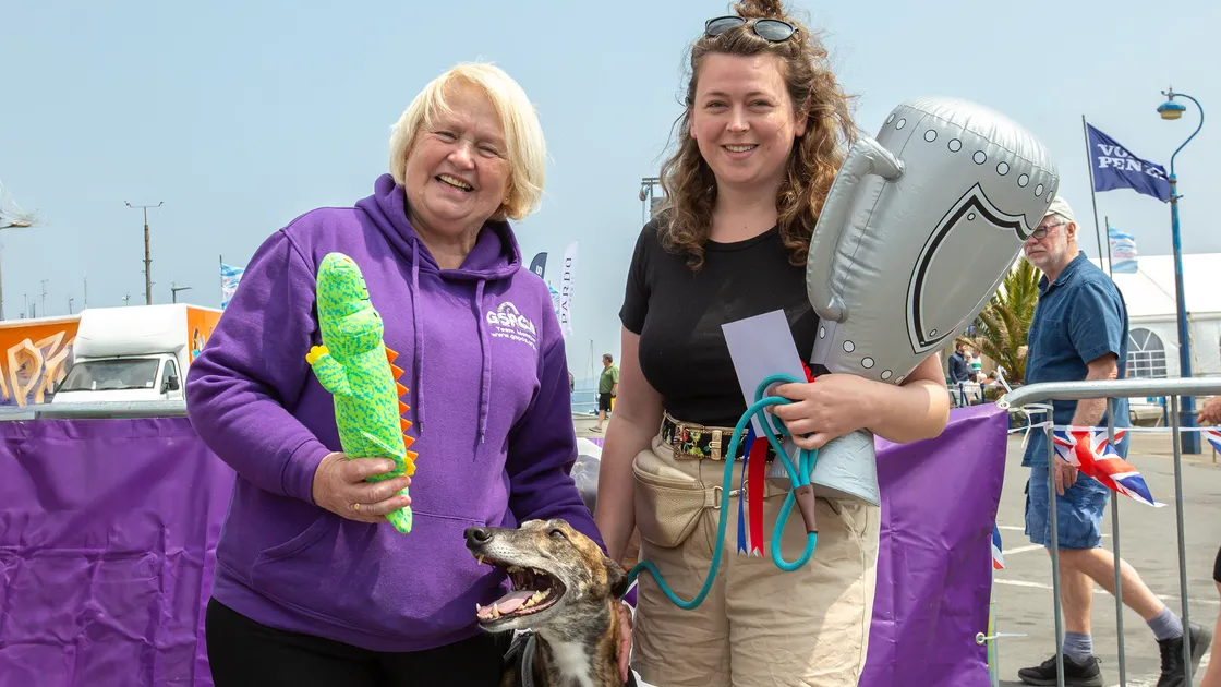 Terry Buckley was the judge of the best dog in yesterday’s show staged by the GSPCA during its Seafront Sunday and picked rescue greyhound Griffin, to the delight of owner Jo Ferguson. (Picture by Karl Dorfner 33244773