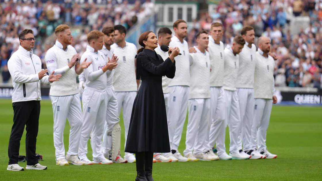 Following a minute's silence for Queen Elizabeth II, Laura Wright sang the national anthems a cappella before play on day three of the third Test match at the Kia Oval, London. Picture date: Saturday September 10, 2022.. (31275439)