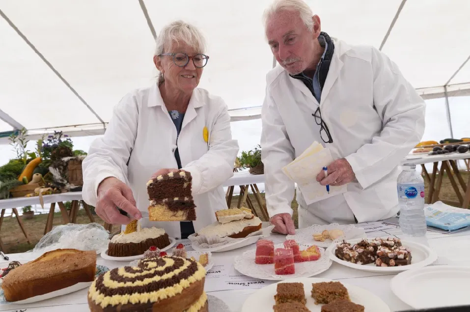 Julie Hyde and Paul Wilson judging junior category cakes.